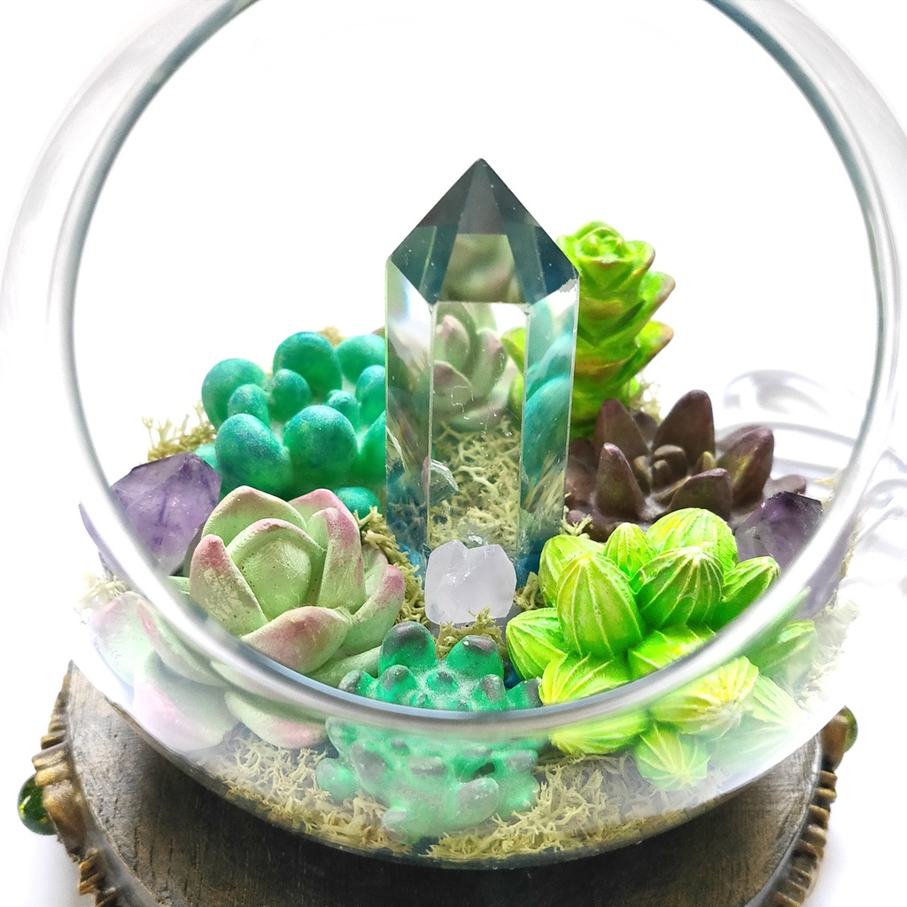 鉱物ランプ『多肉植物と結晶のドーム』水晶・USB給電リモコン切替点灯