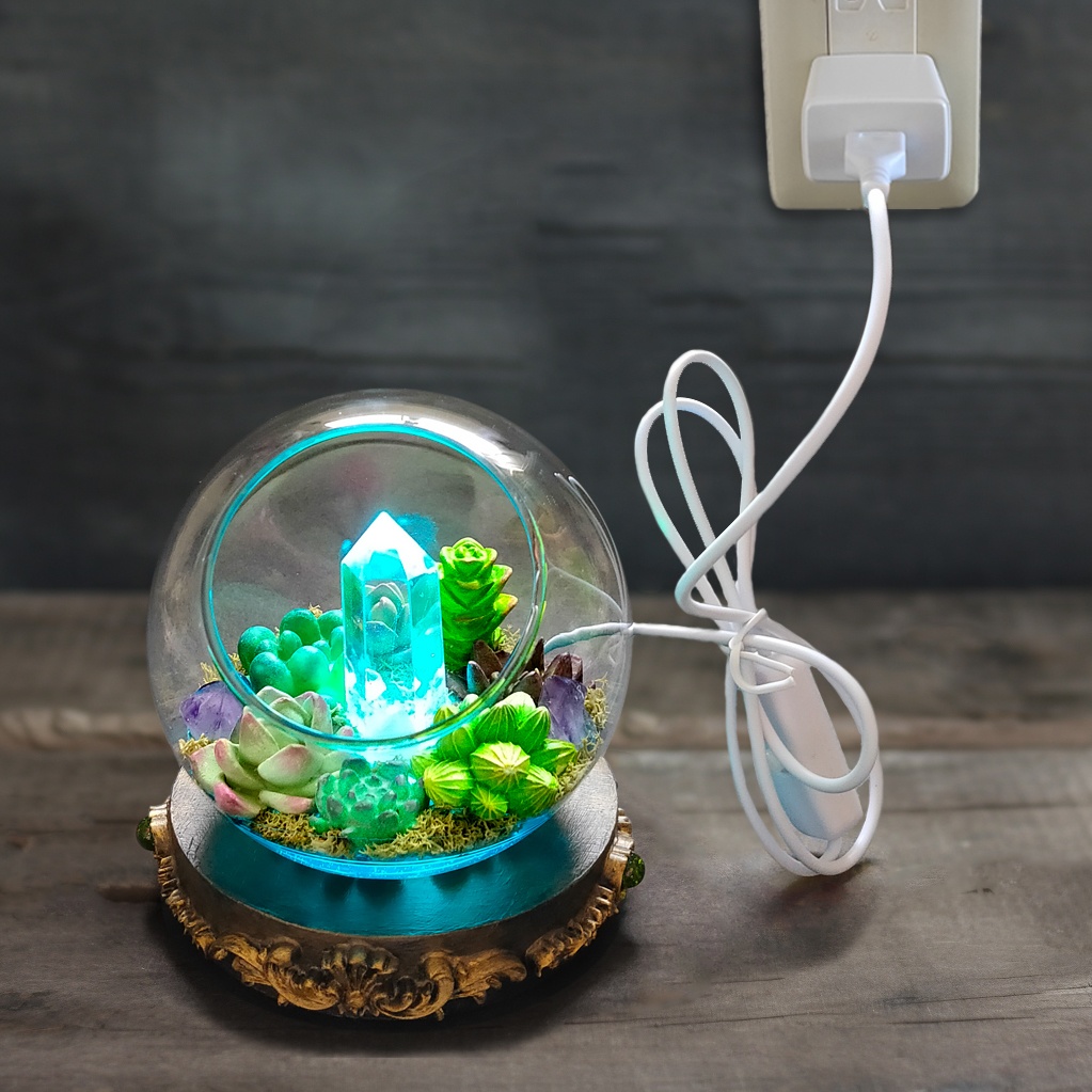 鉱物ランプ『多肉植物と結晶のドーム』水晶・USB給電リモコン切替点灯