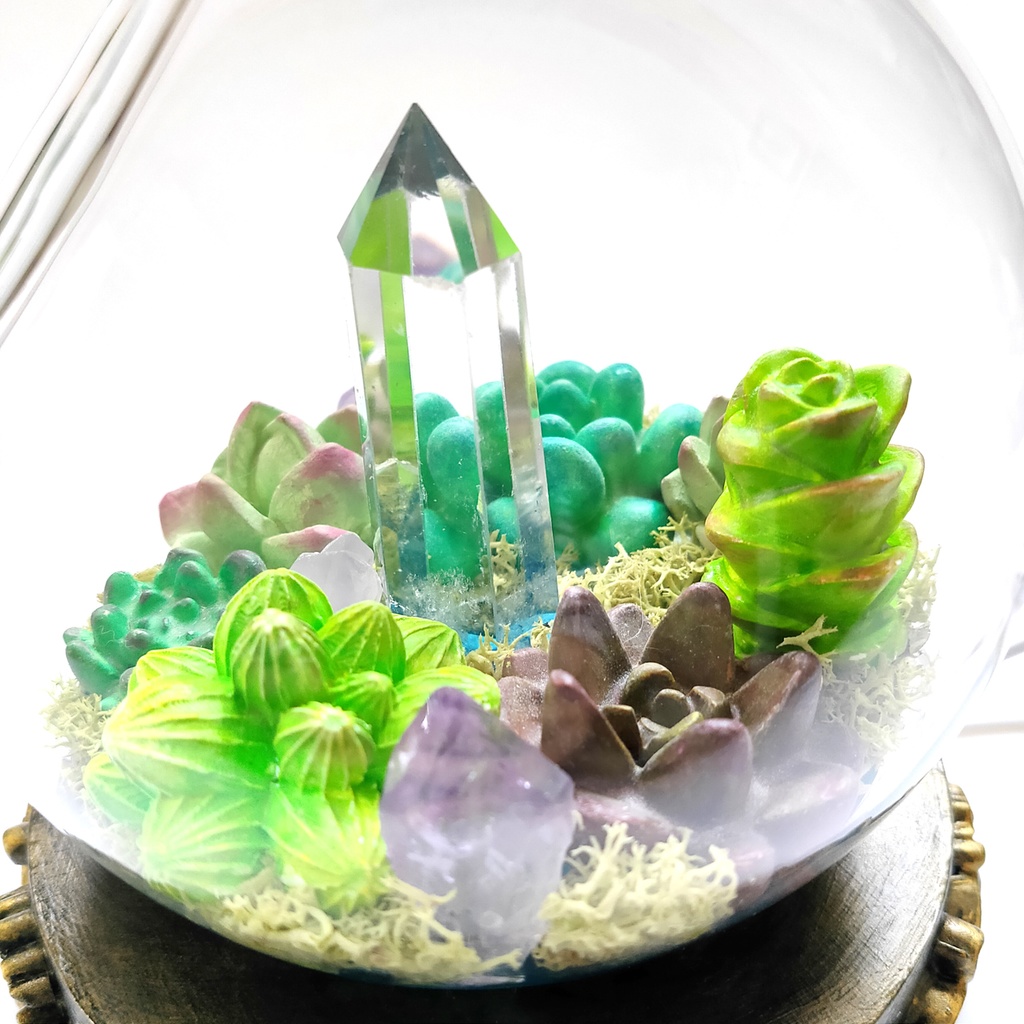 鉱物ランプ『多肉植物と結晶のドーム』水晶・USB給電リモコン切替点灯