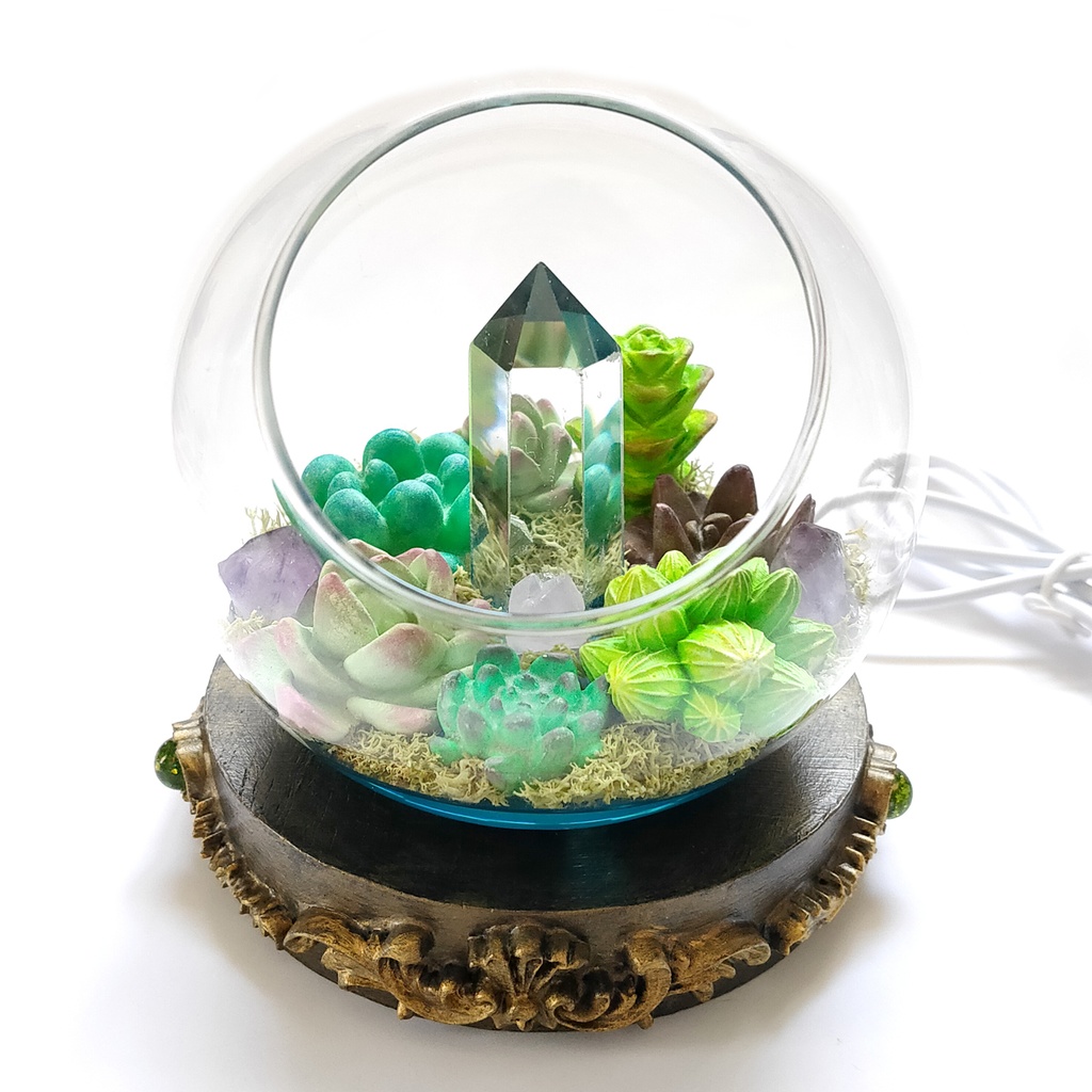鉱物ランプ『多肉植物と結晶のドーム』水晶・USB給電リモコン切替点灯