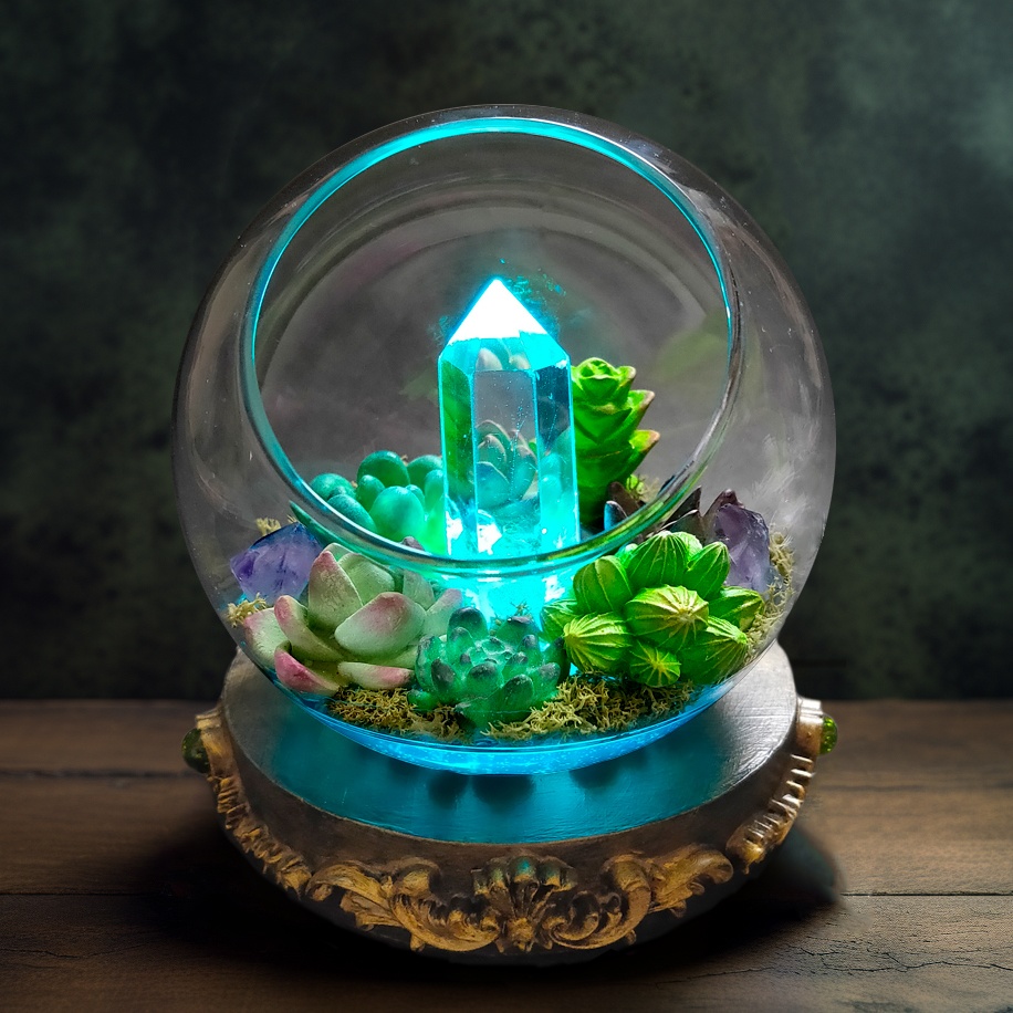 鉱物ランプ『多肉植物と結晶のドーム』水晶・USB給電リモコン切替点灯
