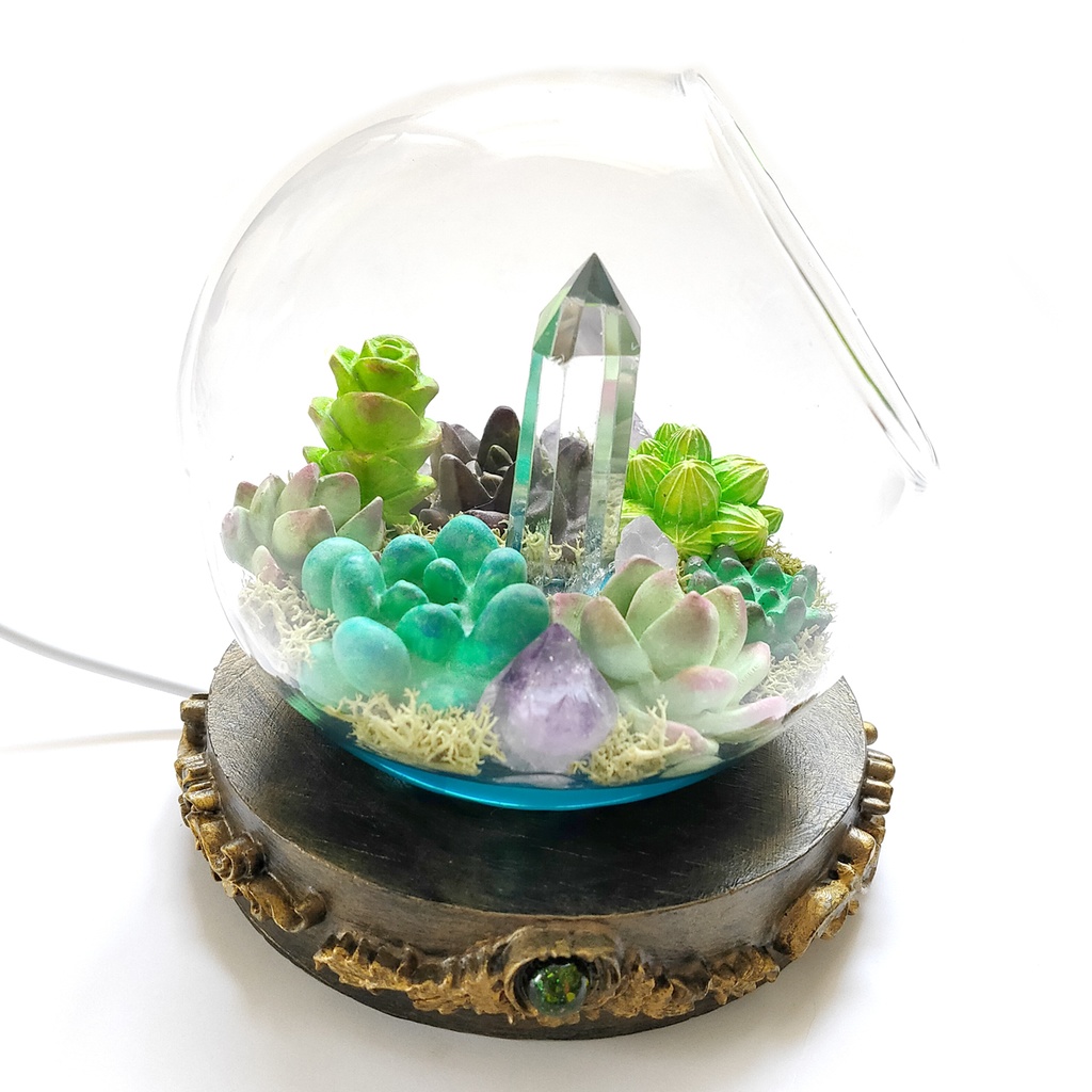 鉱物ランプ『多肉植物と結晶のドーム』水晶・USB給電リモコン切替点灯