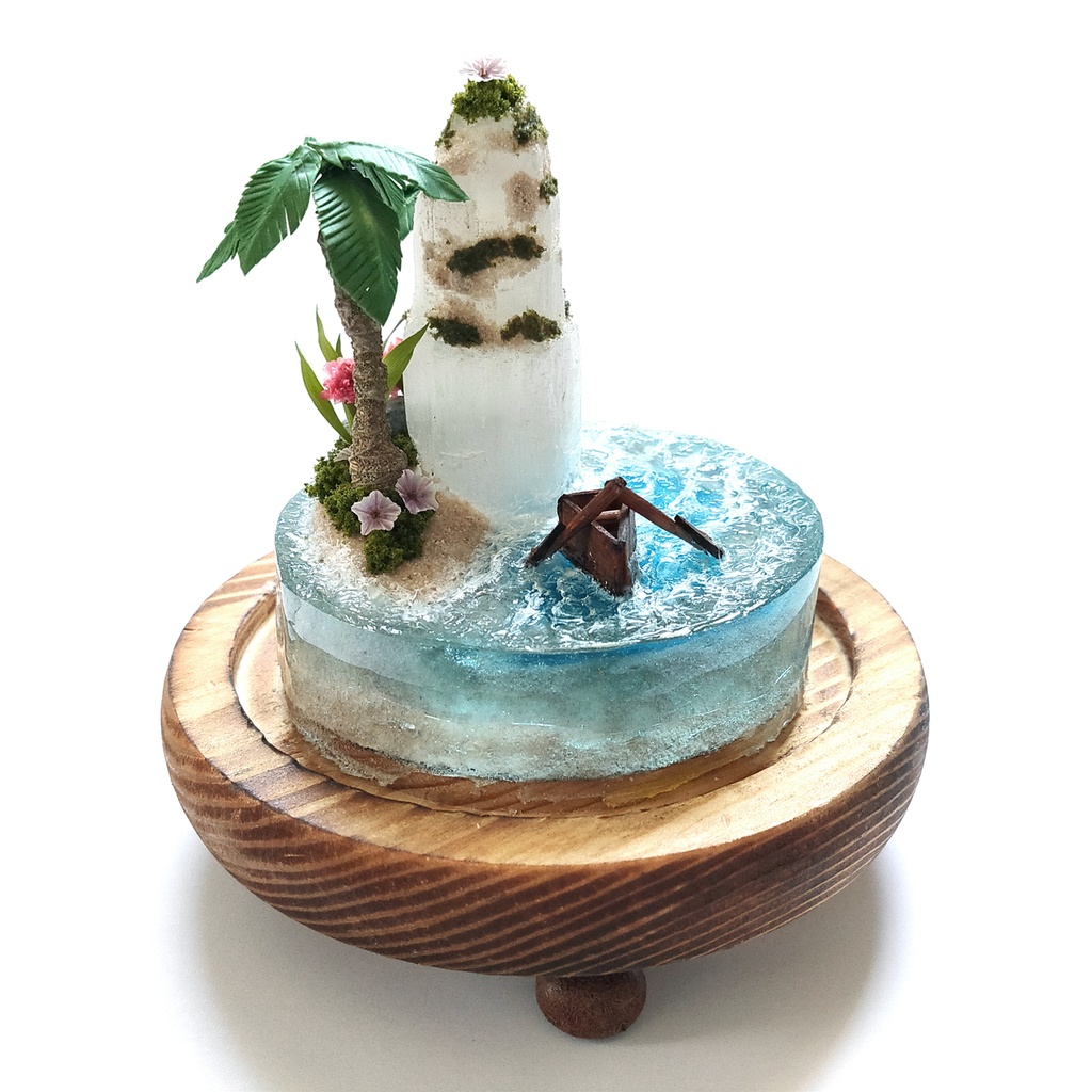 鉱物ランプ『光る島と海』大・セレナイト・リモコン切替点灯