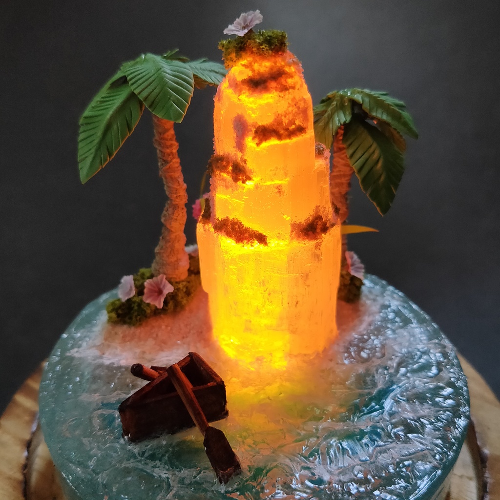 鉱物ランプ『光る島と海』大・セレナイト・リモコン切替点灯