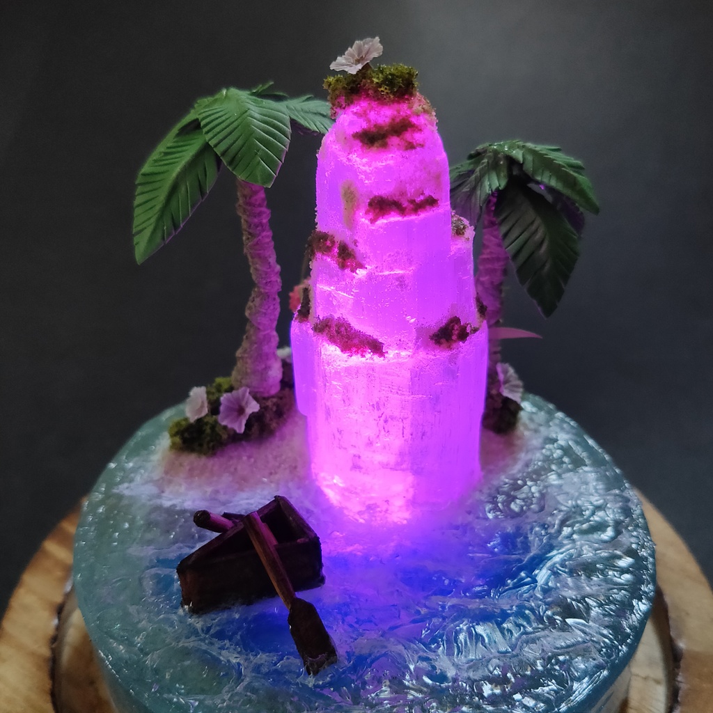 鉱物ランプ『光る島と海』大・セレナイト・リモコン切替点灯