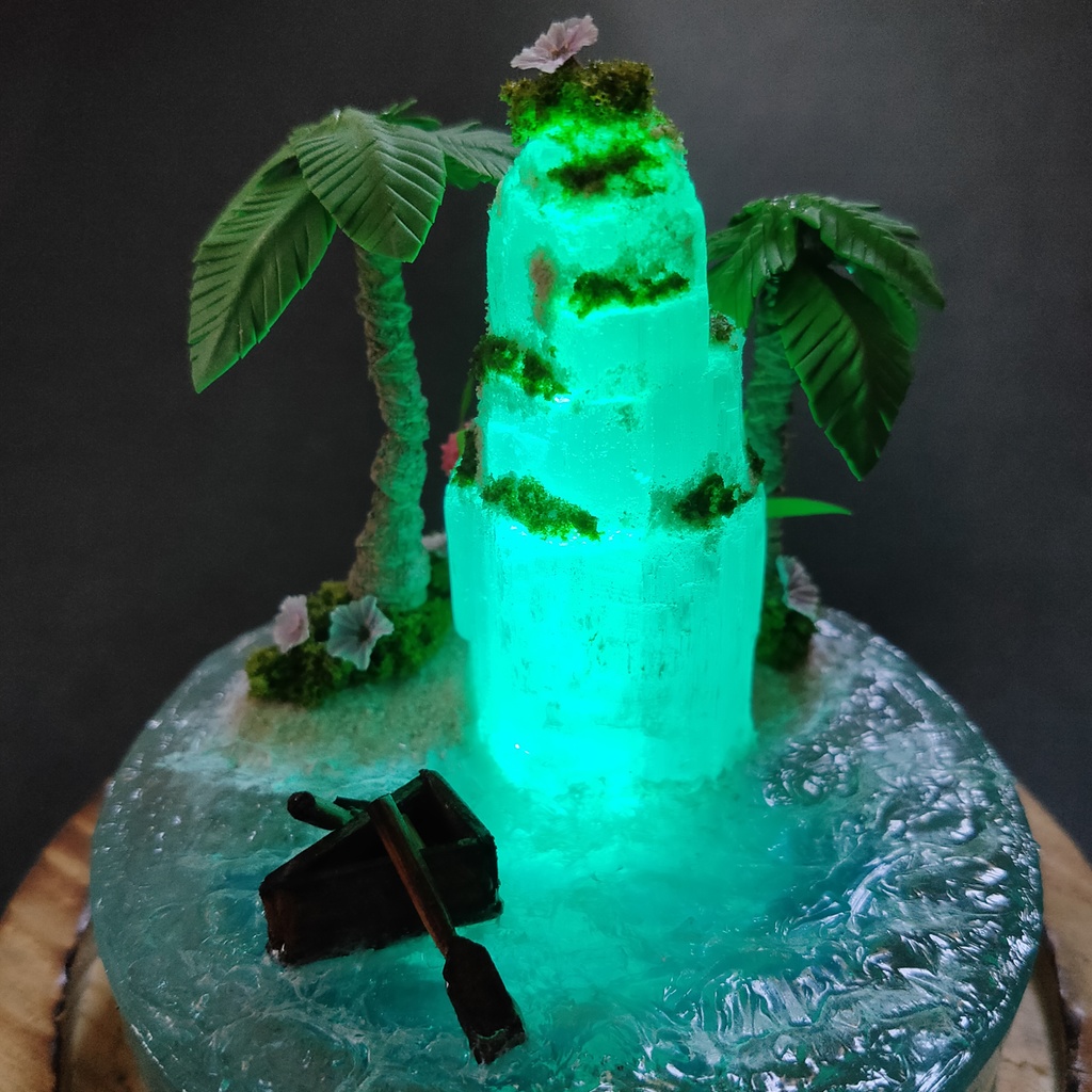 鉱物ランプ『光る島と海』大・セレナイト・リモコン切替点灯