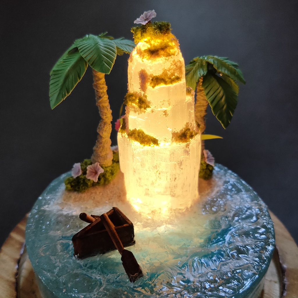 鉱物ランプ『光る島と海』大・セレナイト・リモコン切替点灯