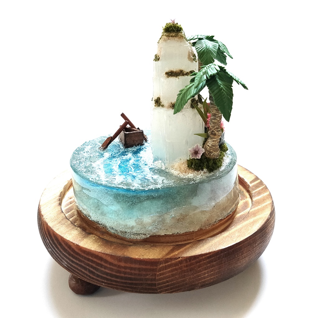 鉱物ランプ『光る島と海』大・セレナイト・リモコン切替点灯