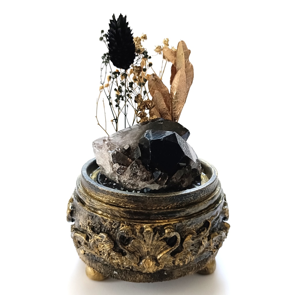 鉱物ランプ『黒と金』中・煙水晶・リモコン切替点灯