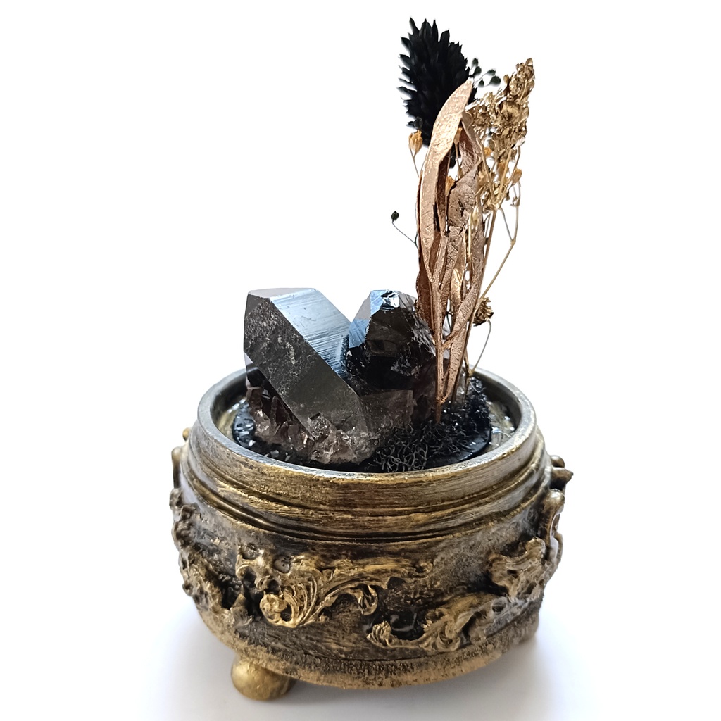 鉱物ランプ『黒と金』中・煙水晶・リモコン切替点灯