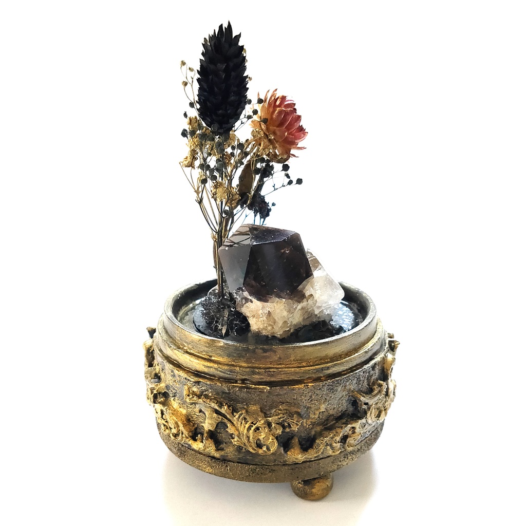 鉱物ランプ『黒と金』中・煙水晶・リモコン切替点灯