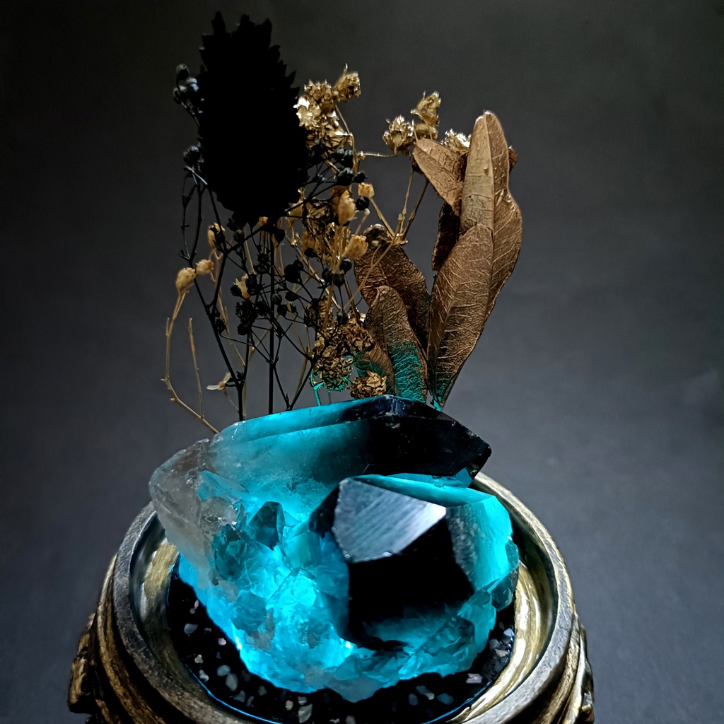 鉱物ランプ『黒と金』中・煙水晶・リモコン切替点灯