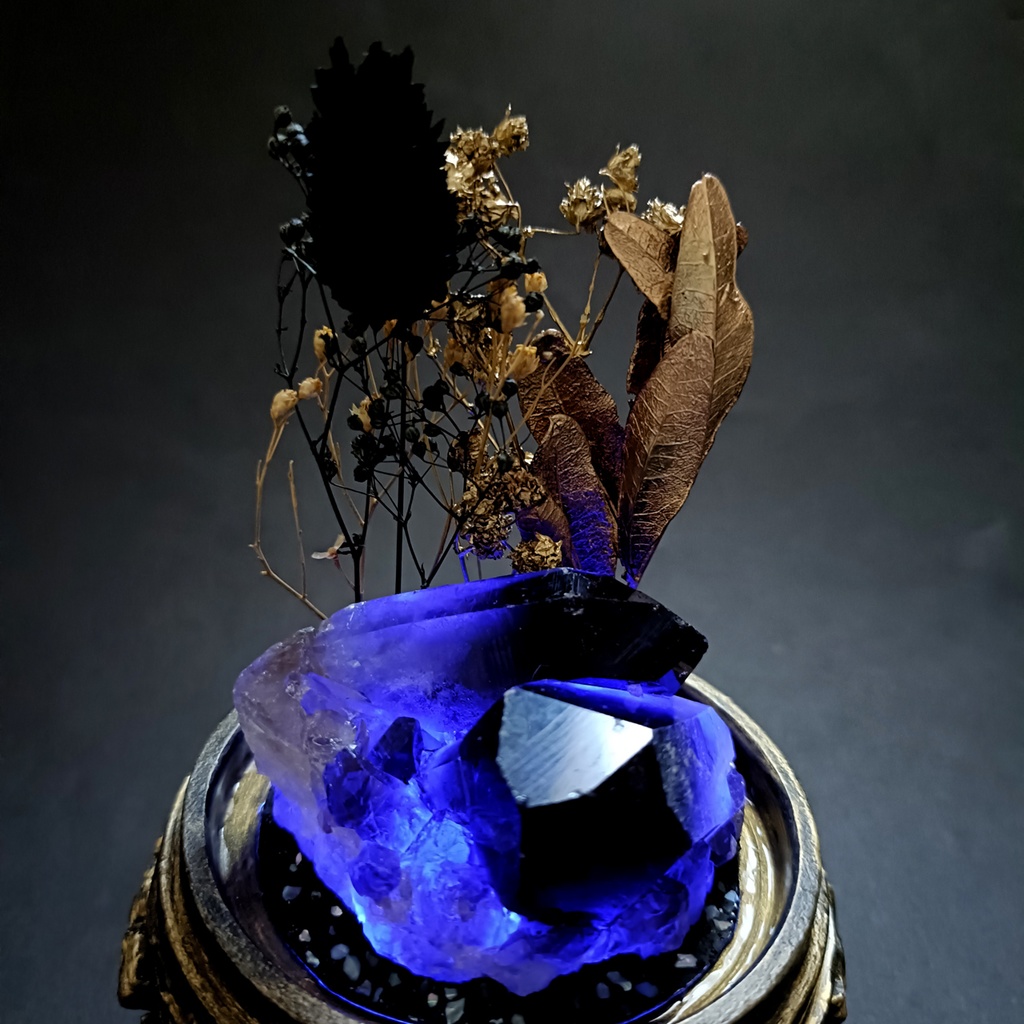 鉱物ランプ『黒と金』中・煙水晶・リモコン切替点灯