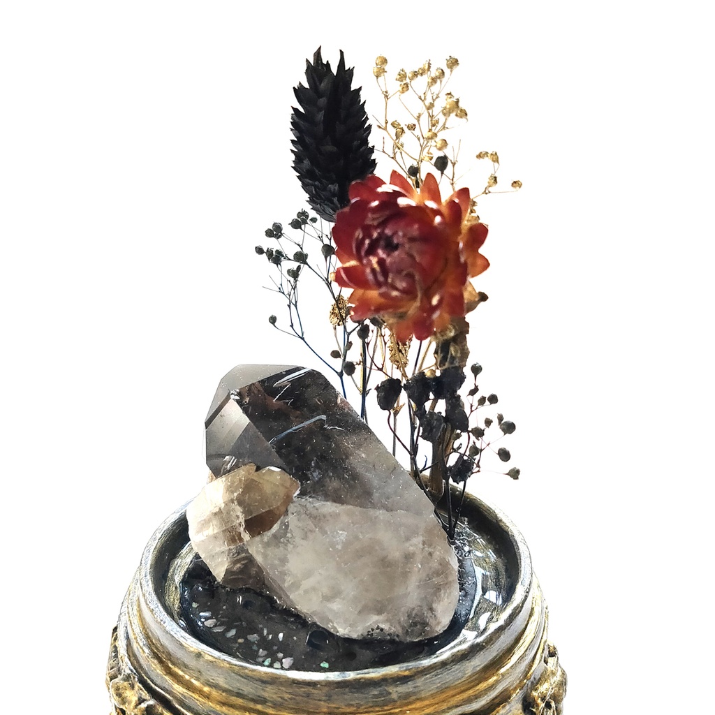 鉱物ランプ『黒と金』中・煙水晶・リモコン切替点灯