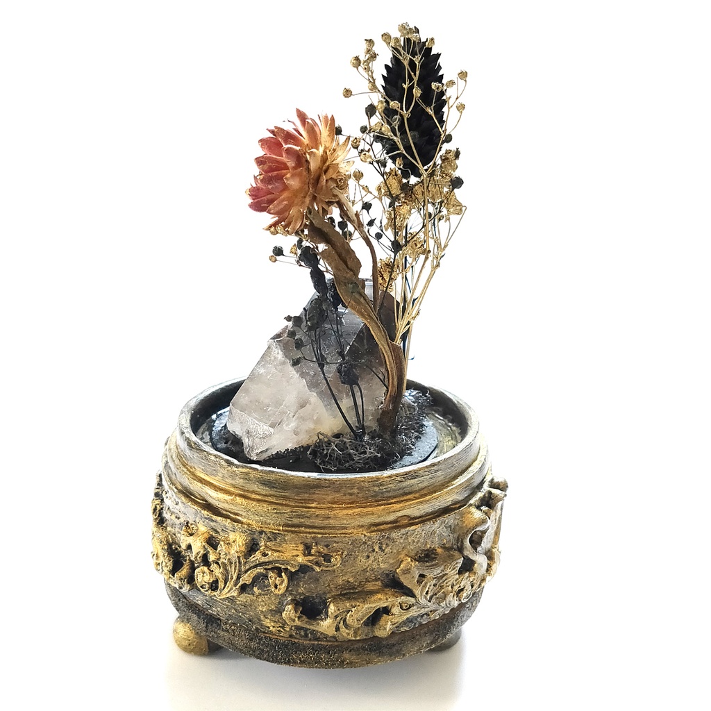 鉱物ランプ『黒と金』中・煙水晶・リモコン切替点灯