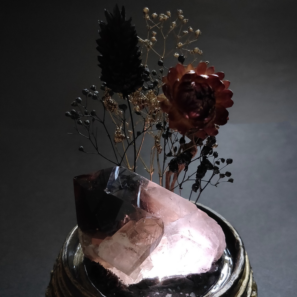 鉱物ランプ『黒と金』中・煙水晶・リモコン切替点灯