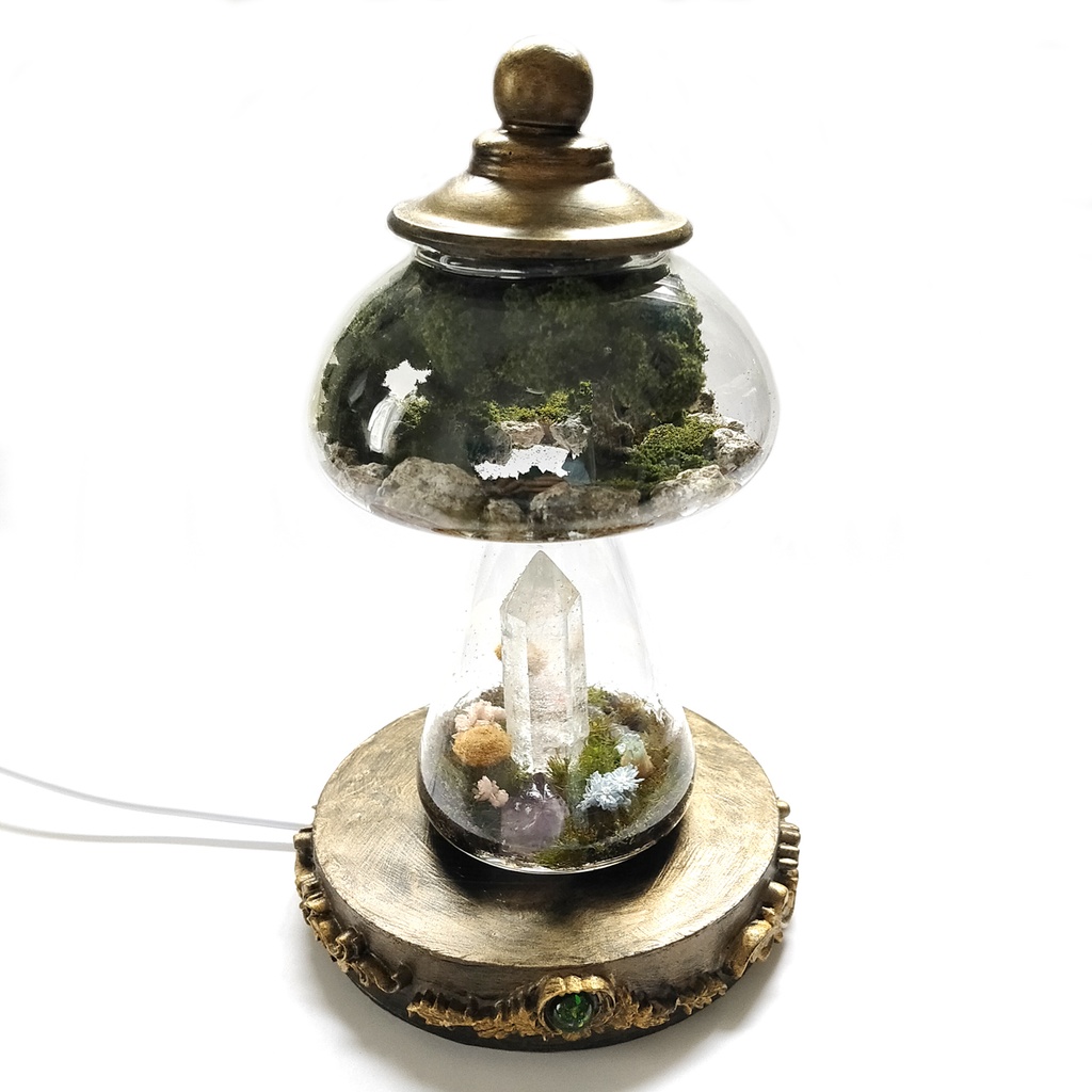 鉱物ランプ『森に隠された洞窟』キノコ型・水晶・USB給電リモコン切替点灯