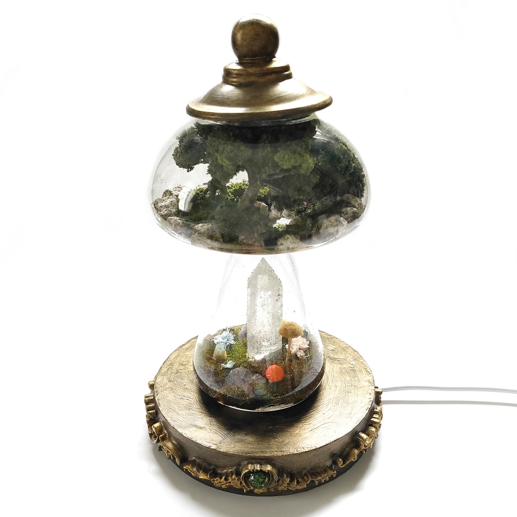 鉱物ランプ『森に隠された洞窟』キノコ型・水晶・USB給電リモコン切替点灯