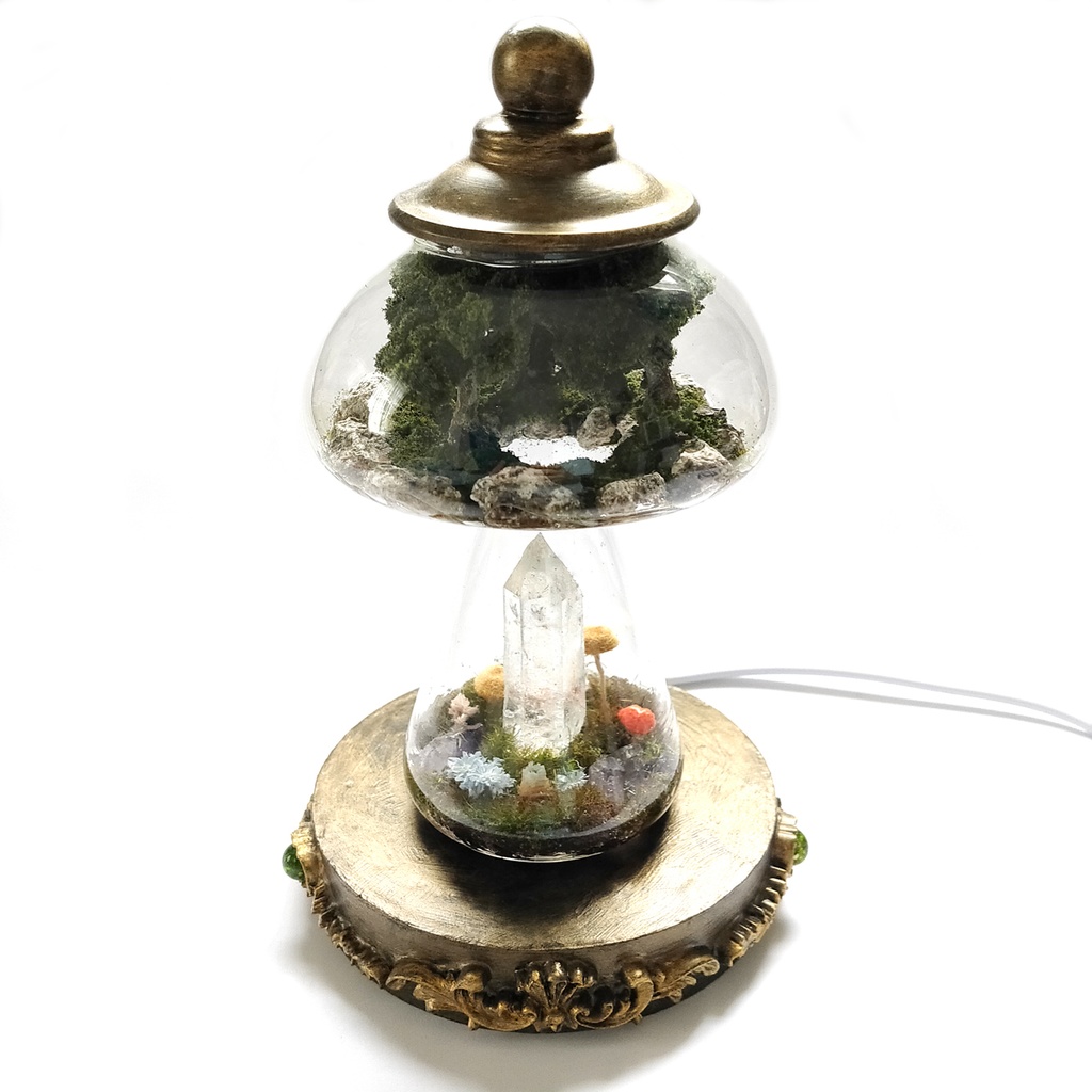 鉱物ランプ『森に隠された洞窟』キノコ型・水晶・USB給電リモコン切替点灯