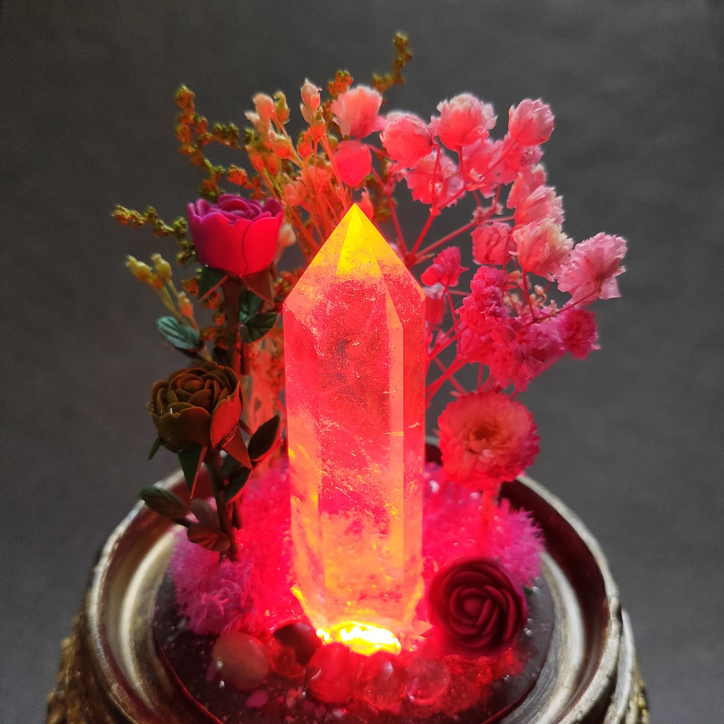 鉱物ランプ『ピンクと緑』中・水晶・トルマリン・リモコン切替点灯