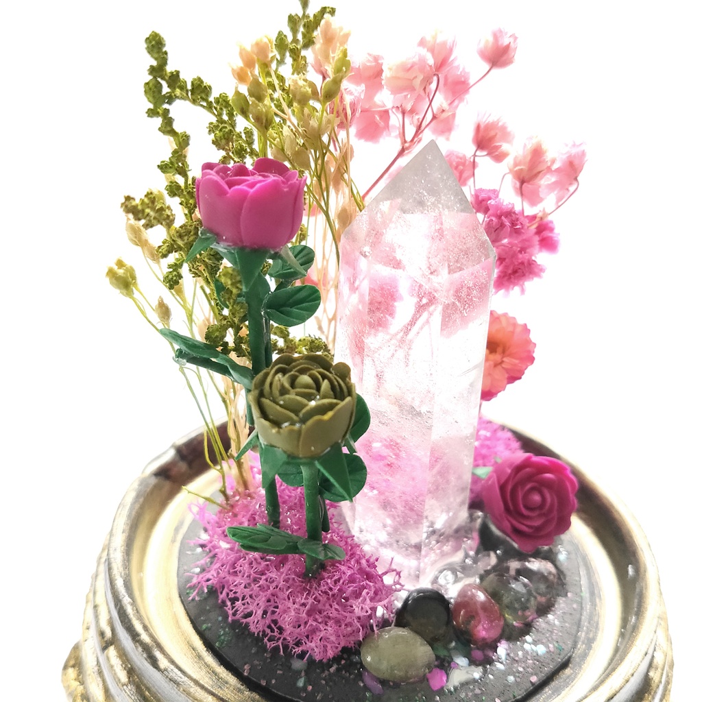 鉱物ランプ『ピンクと緑』中・水晶・トルマリン・リモコン切替点灯