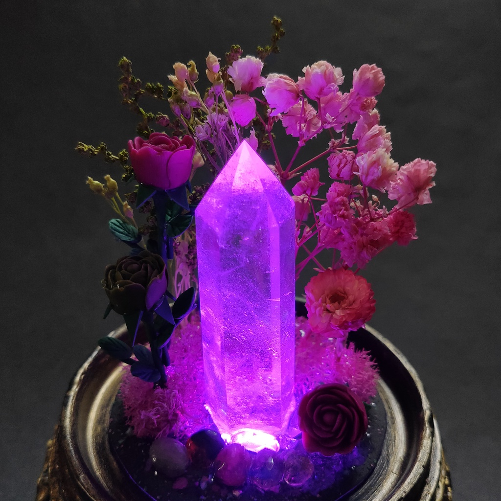 鉱物ランプ『ピンクと緑』中・水晶・トルマリン・リモコン切替点灯