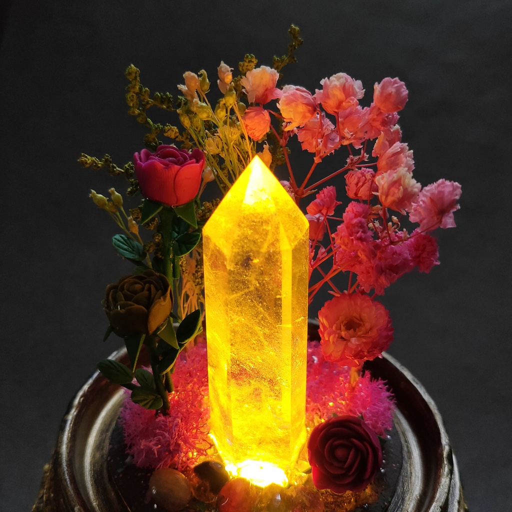 鉱物ランプ『ピンクと緑』中・水晶・トルマリン・リモコン切替点灯