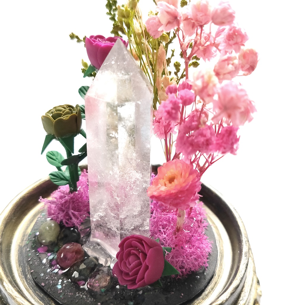 鉱物ランプ『ピンクと緑』中・水晶・トルマリン・リモコン切替点灯