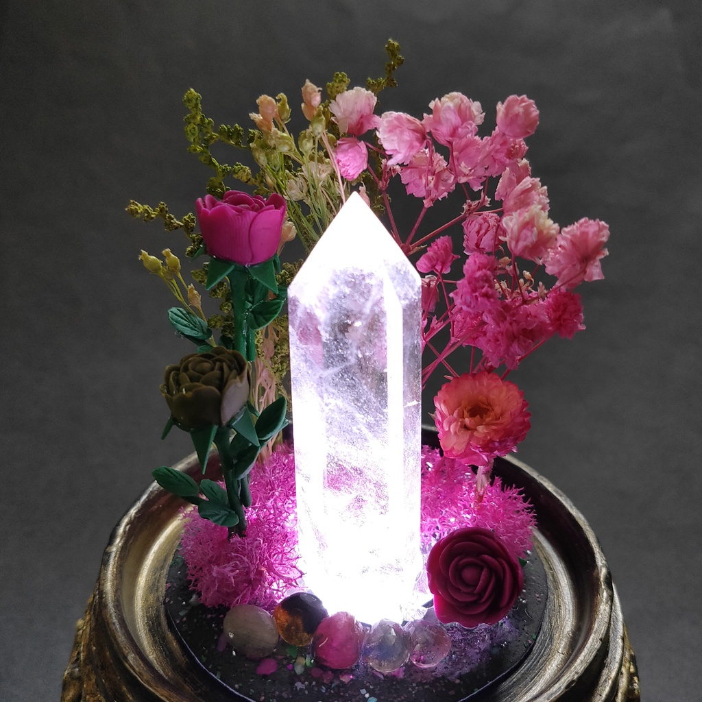 鉱物ランプ『ピンクと緑』中・水晶・トルマリン・リモコン切替点灯