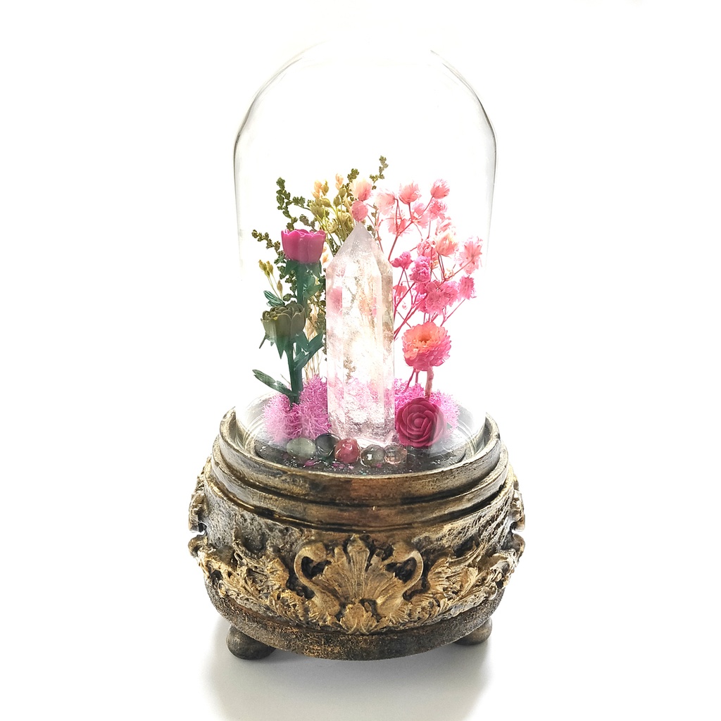 鉱物ランプ『ピンクと緑』中・水晶・トルマリン・リモコン切替点灯