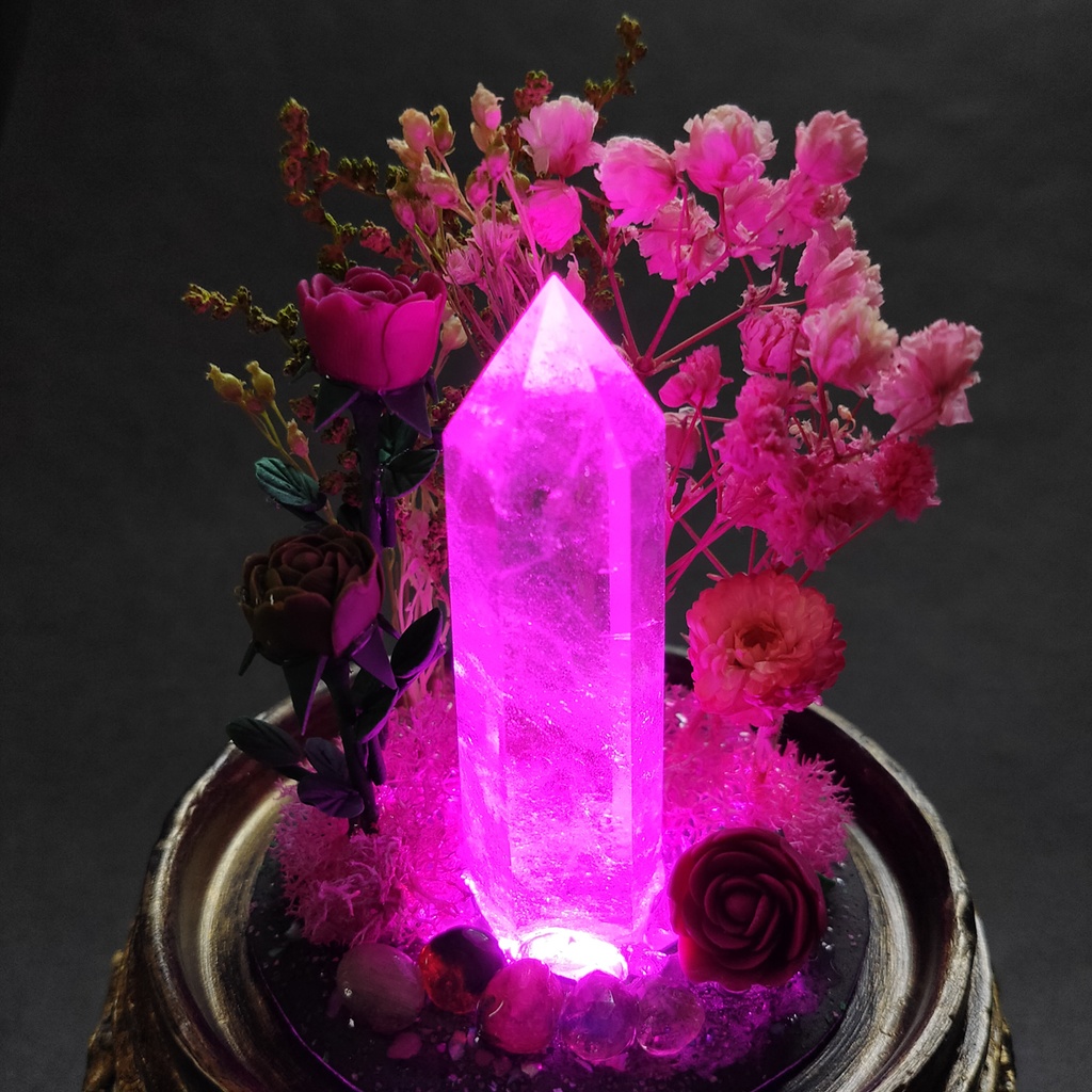 鉱物ランプ『ピンクと緑』中・水晶・トルマリン・リモコン切替点灯