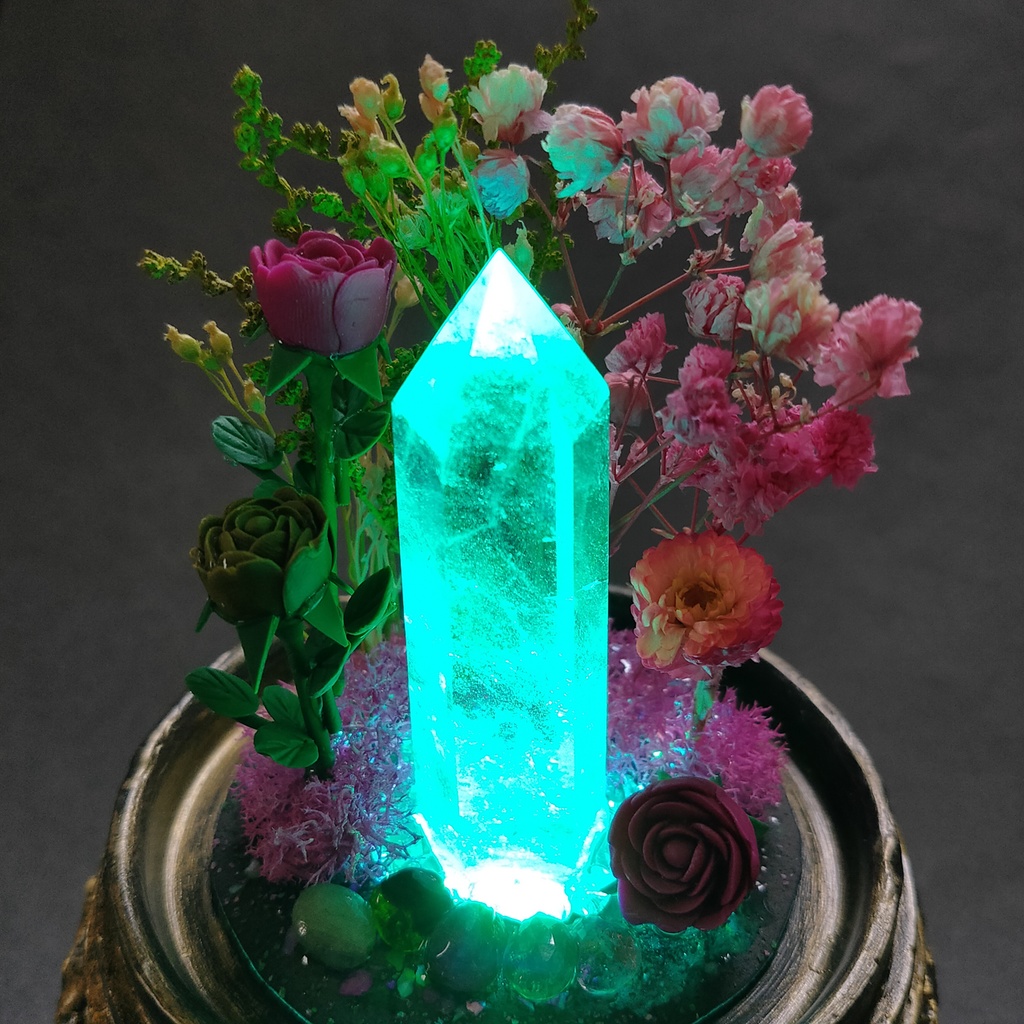 鉱物ランプ『ピンクと緑』中・水晶・トルマリン・リモコン切替点灯