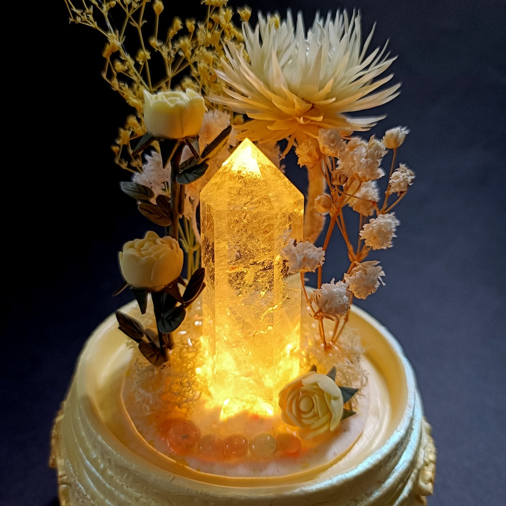 鉱物ランプ『クリーム色』中・水晶・オパール・リモコン切替点灯