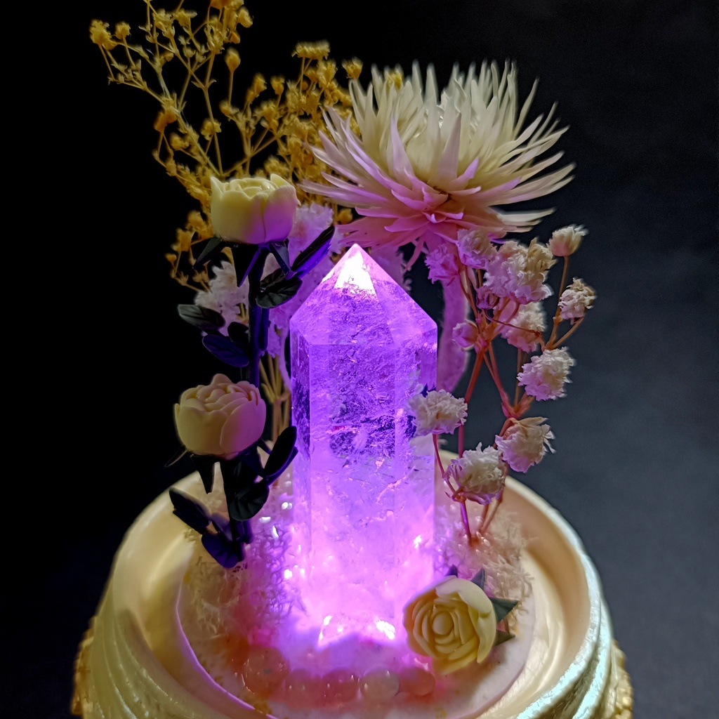 鉱物ランプ『クリーム色』中・水晶・オパール・リモコン切替点灯