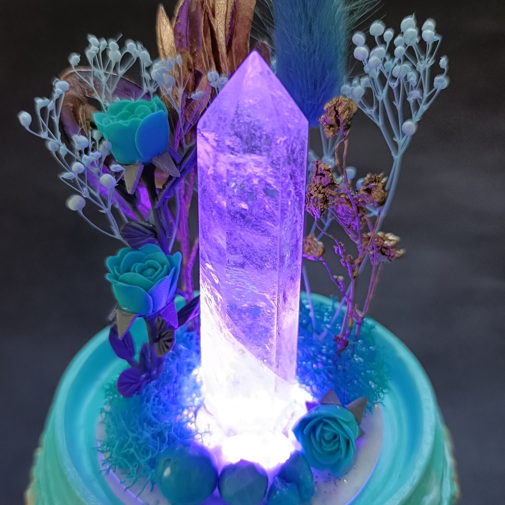 鉱物ランプ『水色と金』中・水晶・ターコイズ・リモコン切替点灯