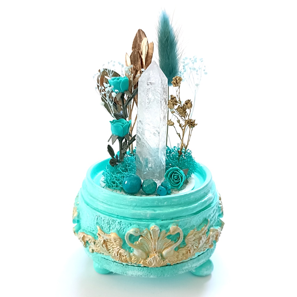 鉱物ランプ『水色と金』中・水晶・ターコイズ・リモコン切替点灯