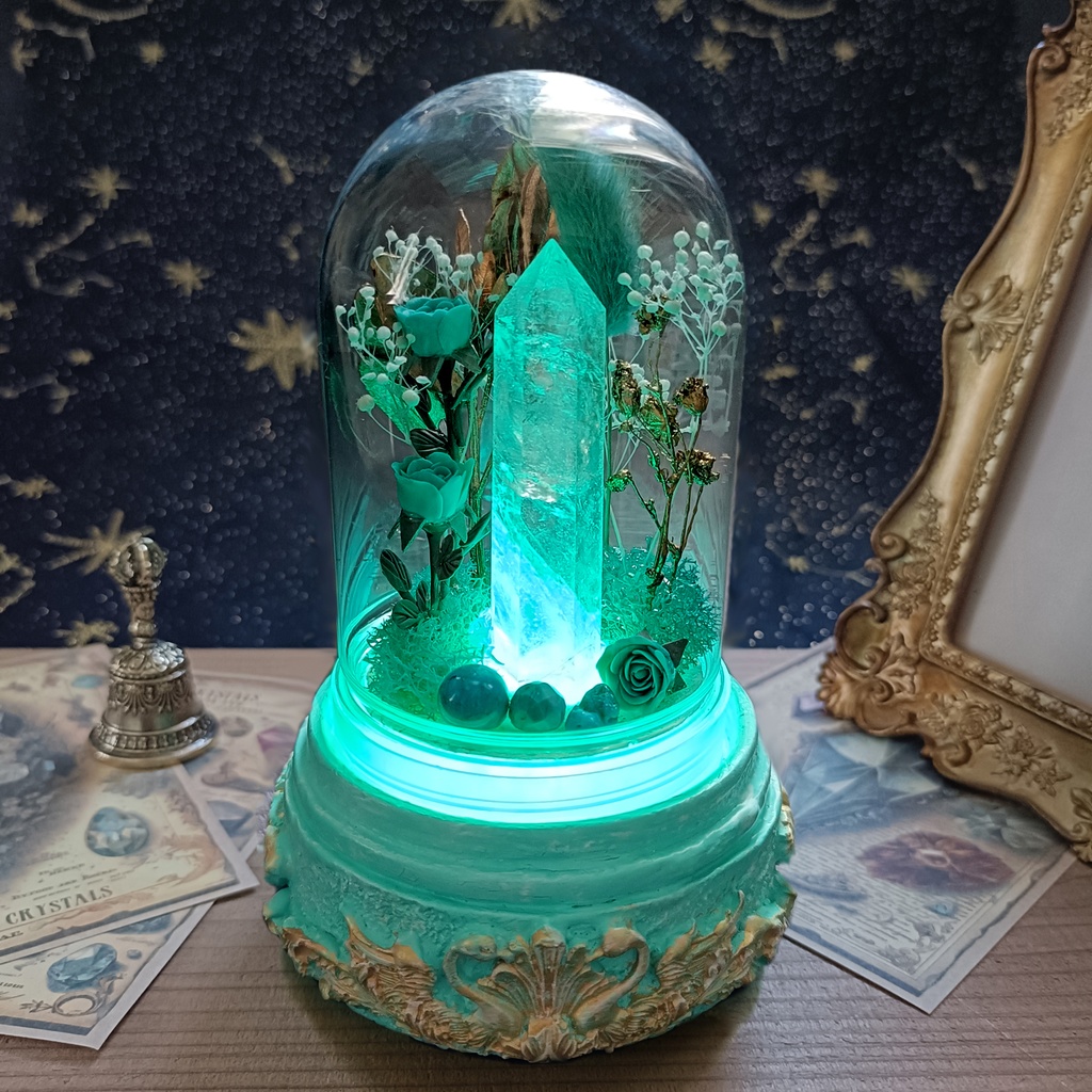 鉱物ランプ『水色と金』中・水晶・ターコイズ・リモコン切替点灯