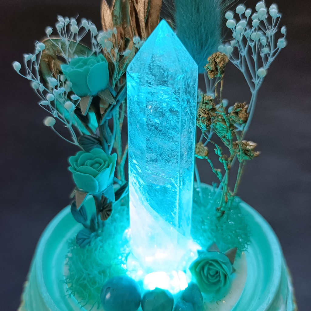 鉱物ランプ『水色と金』中・水晶・ターコイズ・リモコン切替点灯