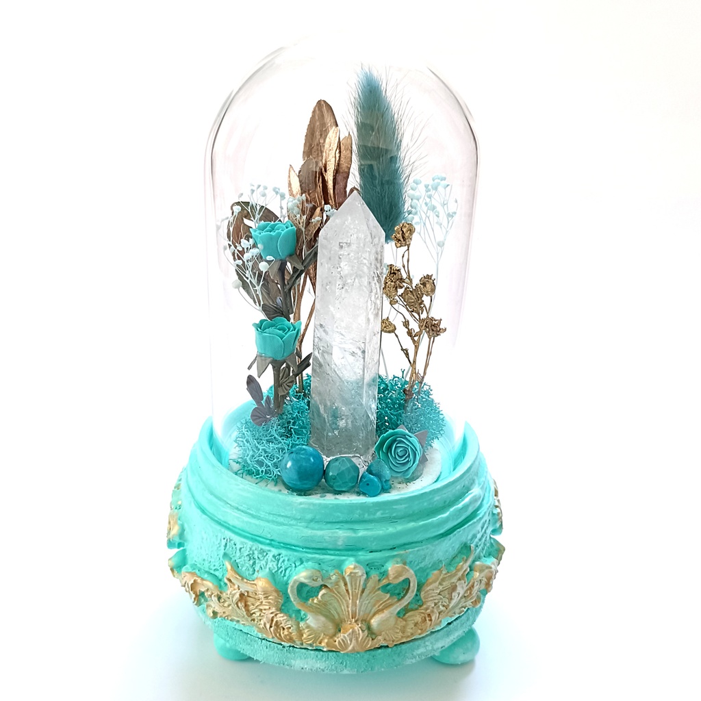 鉱物ランプ『水色と金』中・水晶・ターコイズ・リモコン切替点灯