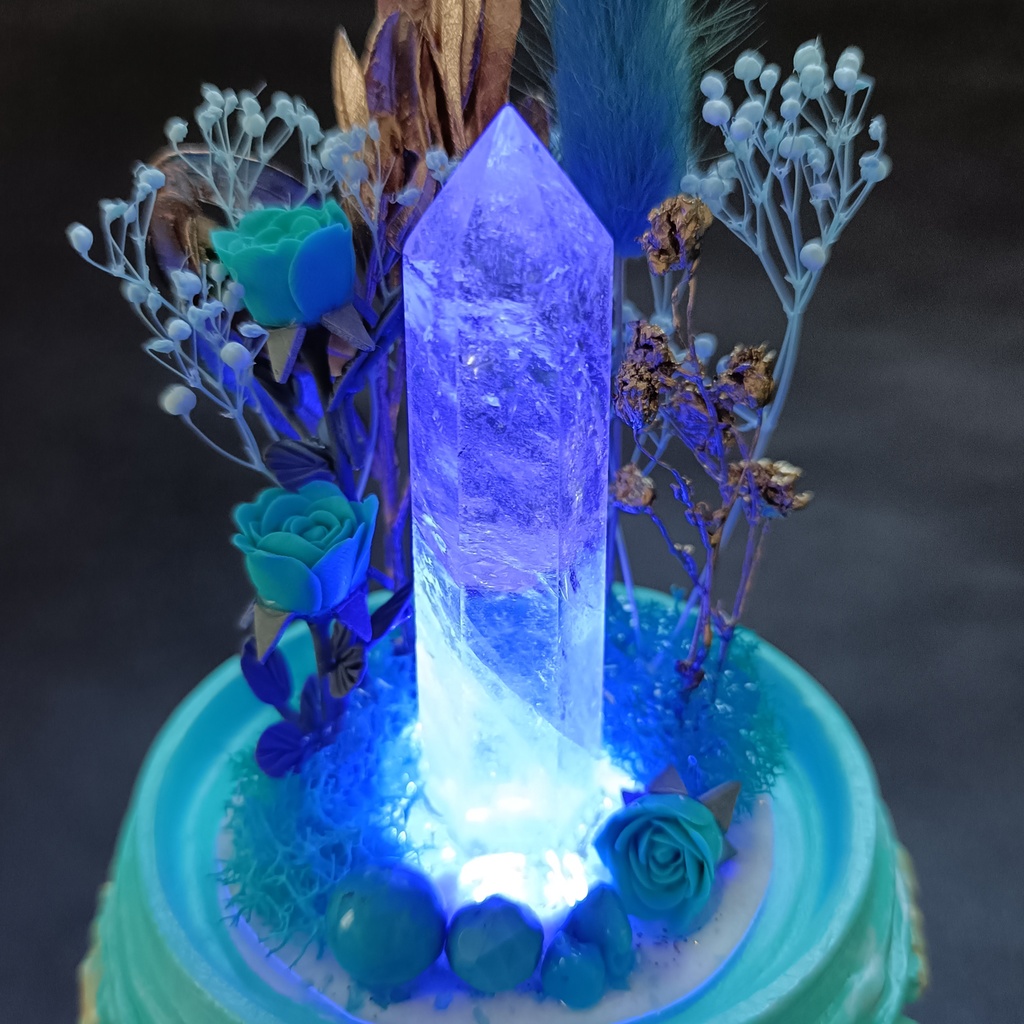 鉱物ランプ『水色と金』中・水晶・ターコイズ・リモコン切替点灯