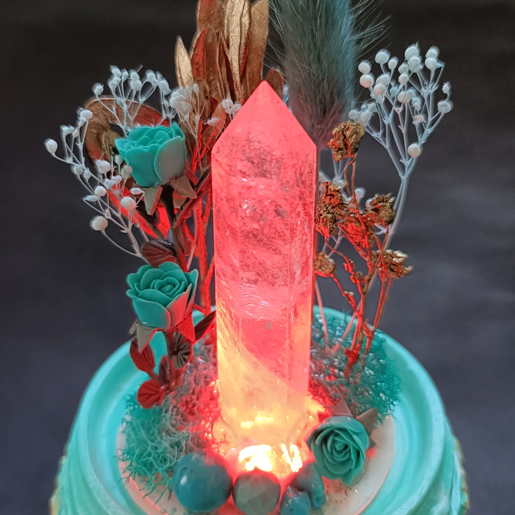 鉱物ランプ『水色と金』中・水晶・ターコイズ・リモコン切替点灯