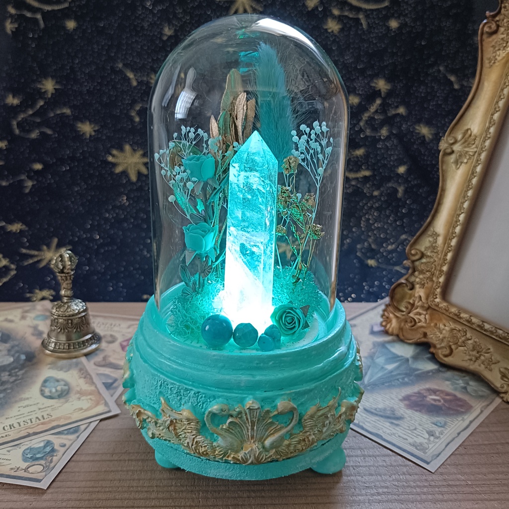 鉱物ランプ『水色と金』中・水晶・ターコイズ・リモコン切替点灯