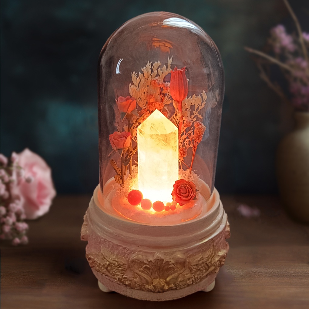 鉱物ランプ『ピンクとベージュ』中・水晶・サンゴ・リモコン切替点灯