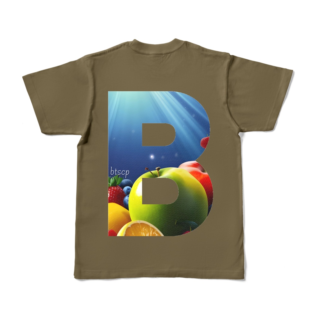 【祝 開店！！ 期間限定割引価格】B - Tシャツ 背面イラスト（オリーブ 濃色）