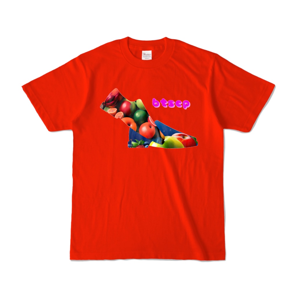 【祝 開店！！ 期間限定割引価格】果物靴デザイン - Tシャツ 正面イラスト（レッド 濃色）