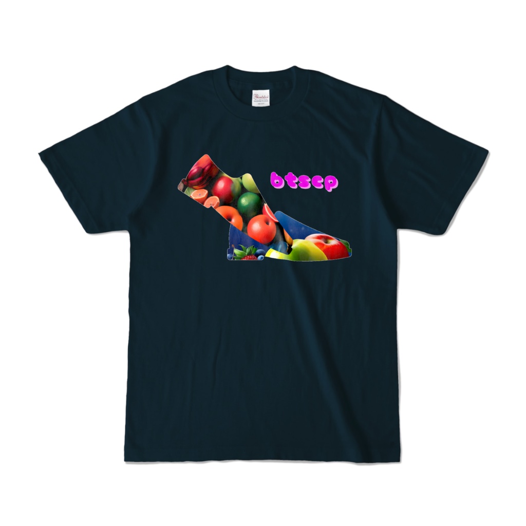 【祝 開店!! 期間限定割引価格】果物靴デザイン - Tシャツ 正面イラスト(ネイビー 濃色)