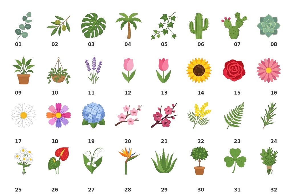 かわいい植物イラスト素材 32点セット|PNG・背景透過|AI生成|Cute Plant Illustrations