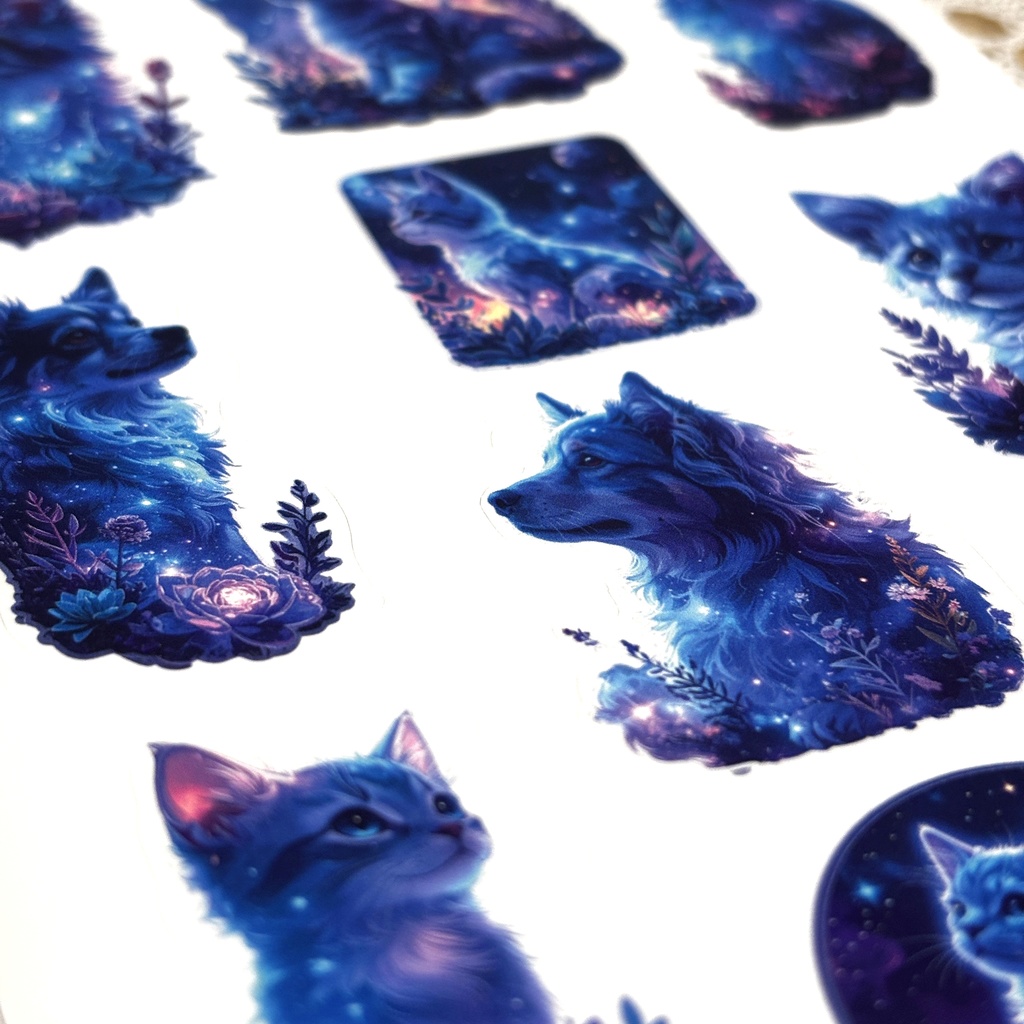 夜にきらめく 猫と犬 ステッカーシート