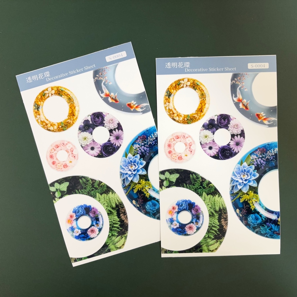 透明な花環|花と金魚のガラスリング風ステッカーシート