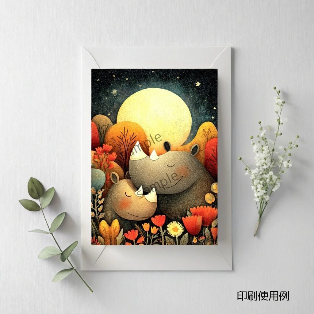 満月を祝うサバンナの仲間たち、印刷可能なポストカードデザイン ver.2